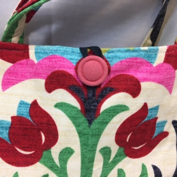 Multicolor Floral Linen Cotton Stylish Handbag Button Closure  11"x3"x6" - Picture 4 of 12